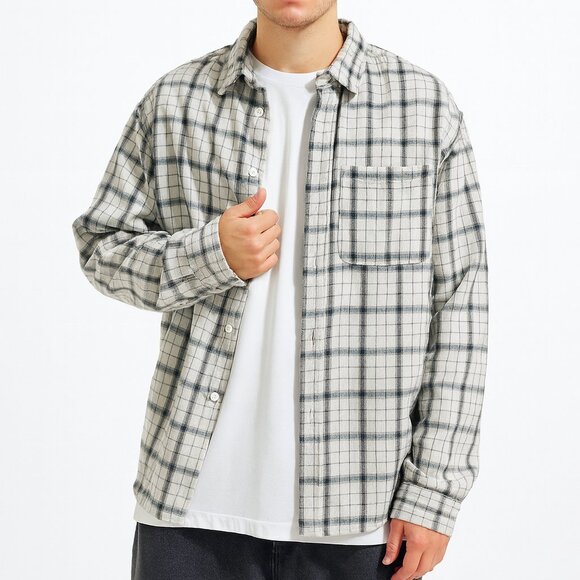 Zara Men's XL Relaxed Fit Ivory Tan Plaid Heavy Long Sleeve Button Up Shirt - Picture 1 of 9